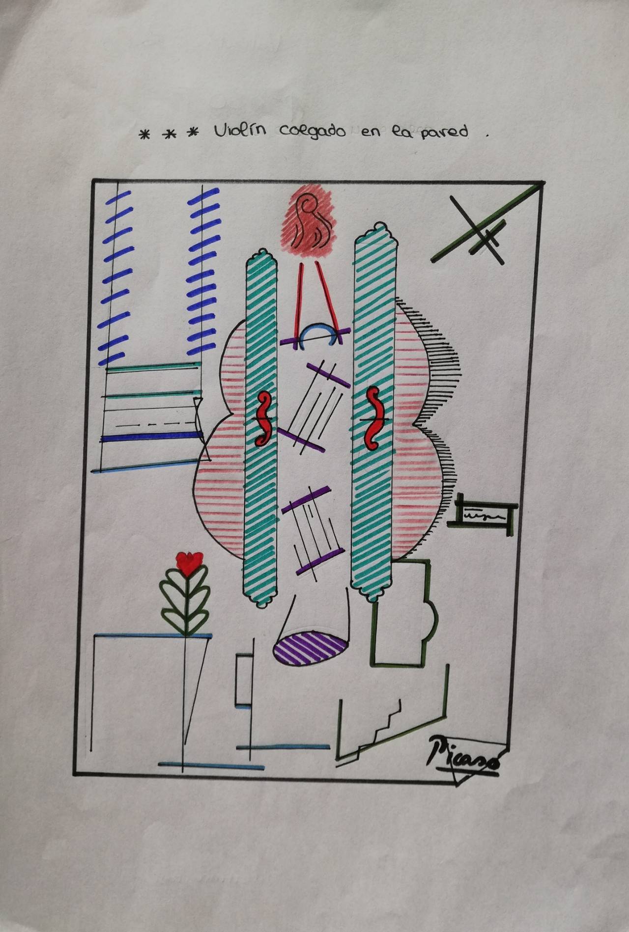 Violín colgado en la pared, dibujo de Valentina Pasi (todos los derechos otorgados a la Fundación Orden de la Paz para el concurso Picasso Cuadros Sinfónicos en Málaga)