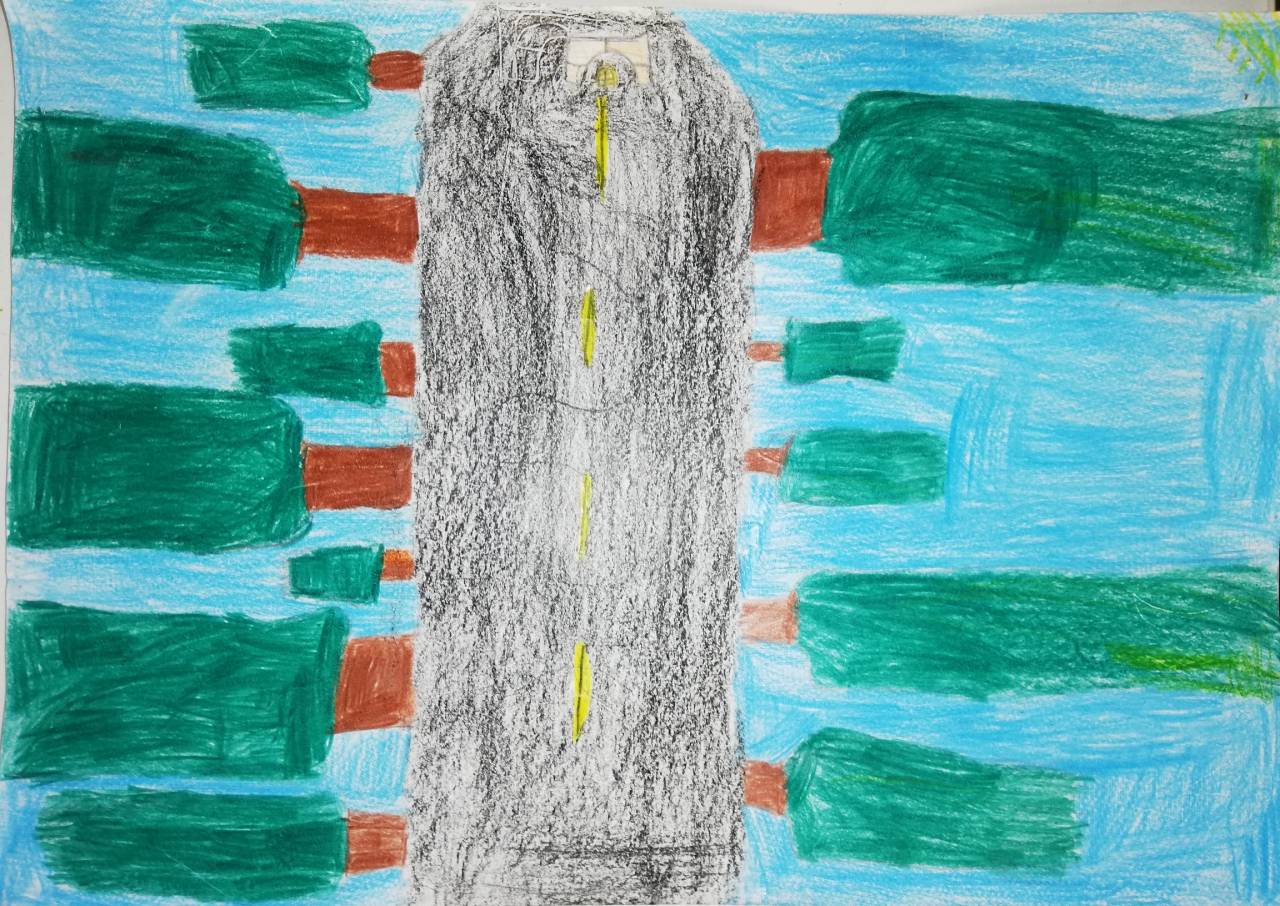 Paseo por los Campos Elíseos, dibujo de Carmen Jimena (todos los derechos otorgados a la Fundación Orden de la Paz para el concurso Picasso Cuadros Sinfónicos en Málaga)