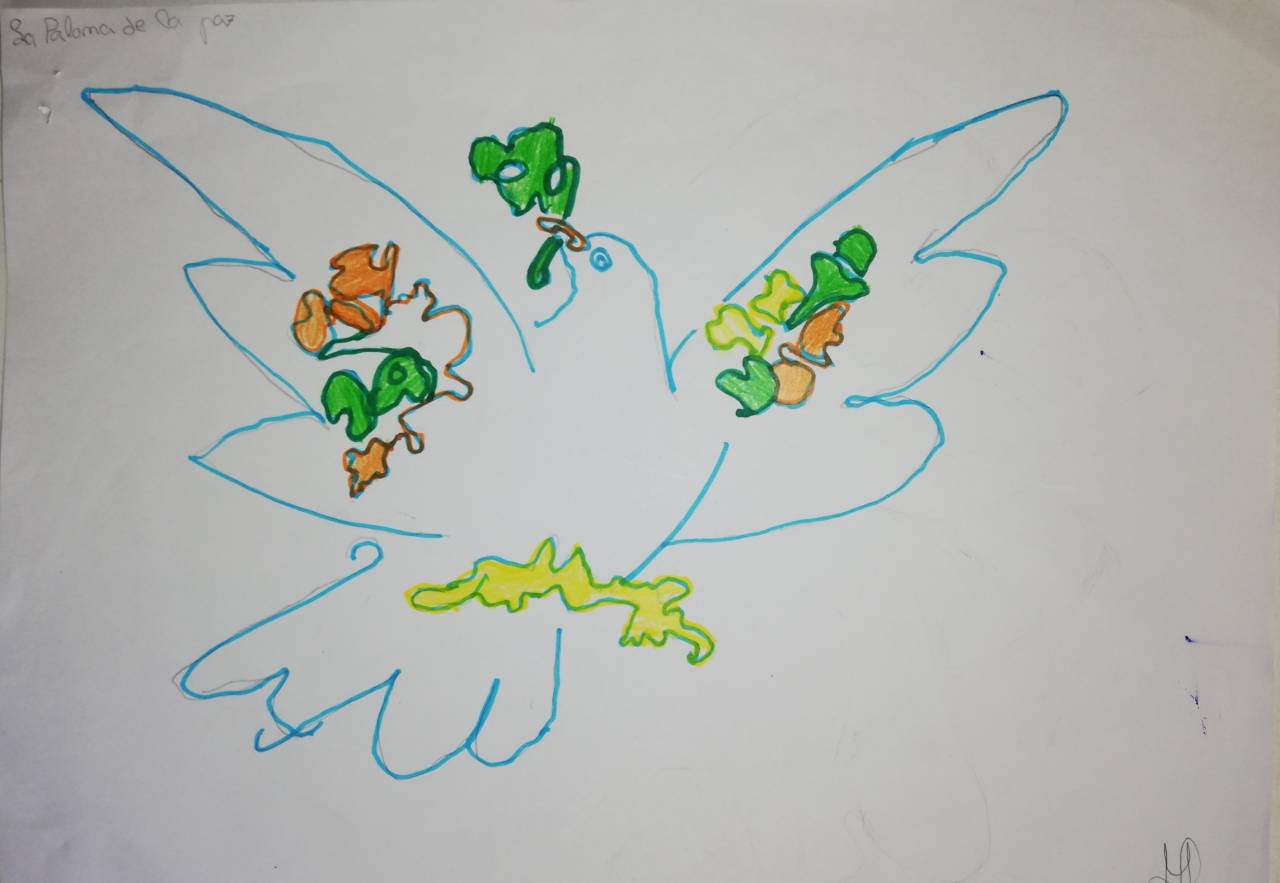 La paloma de la Paz, dibujo de Marcos Ariza (todos los derechos otorgados a la Fundación Orden de la Paz para el concurso Picasso Cuadros Sinfónicos en Málaga)