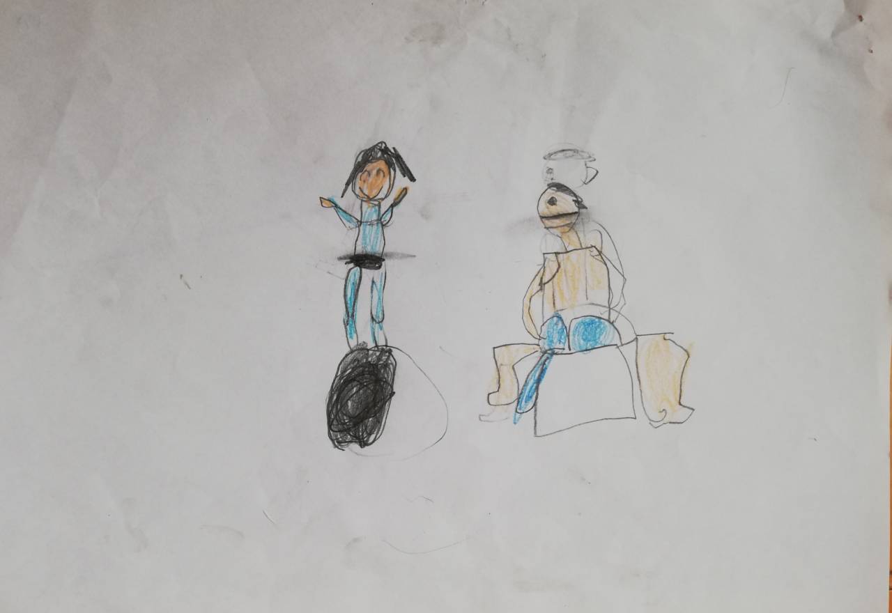 Acróbata con balón, dibujo de Juan Sánchez (todos los derechos otorgados a la Fundación Orden de la Paz para el concurso Picasso Cuadros Sinfónicos en Málaga)